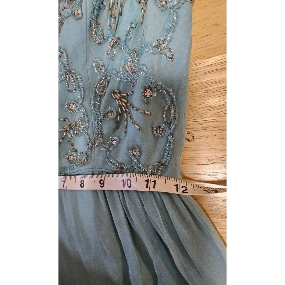 Vintage Lee Claire New York Aqua Beaded Chiffon Evening Gown w/ Back Sash - Picture 7 of 9